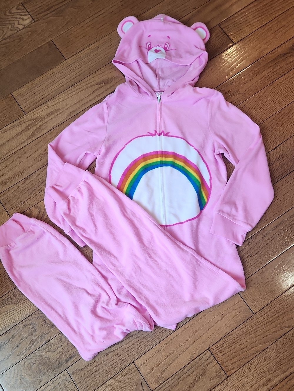 Care Bear Pink Rainbow Hooded Onesie Pajams, Size 10/12